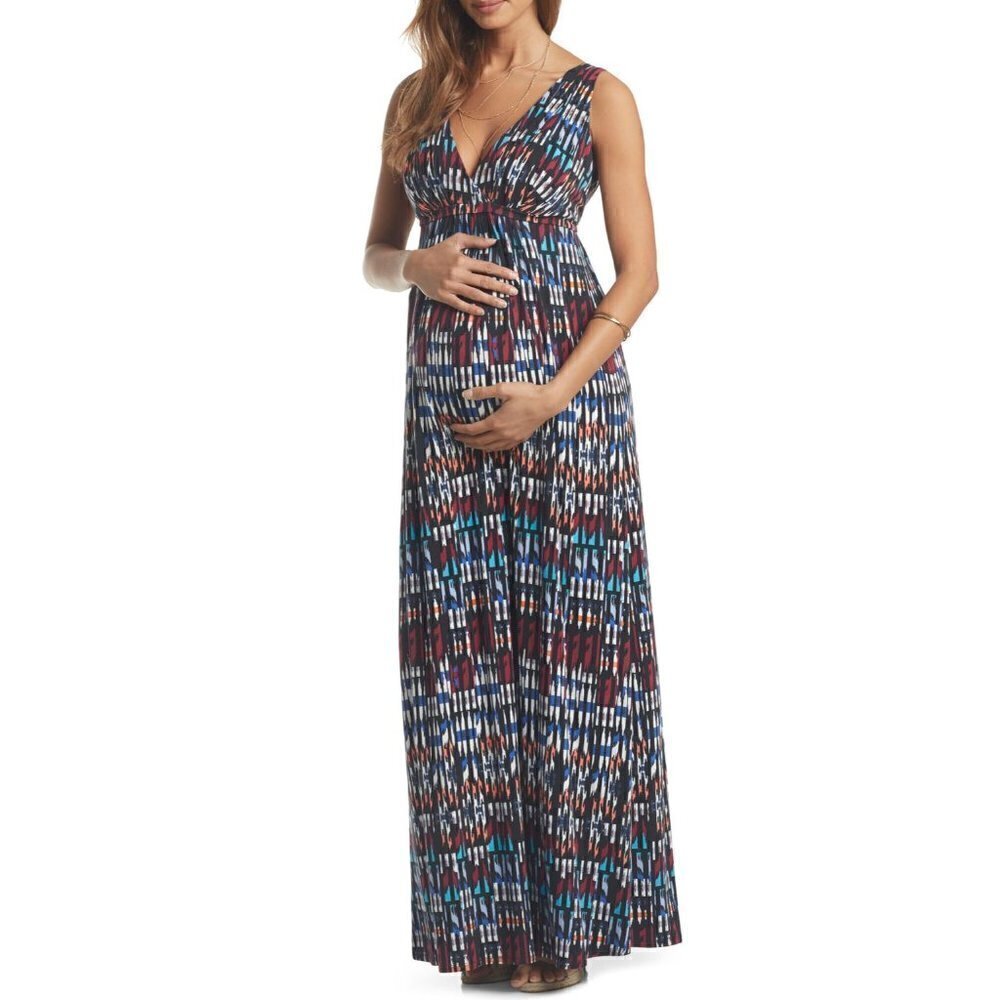 NWT Tart Maternity Chloe Maternity Maxi Dress IKAT Geometric Blue Multi MSRP$176